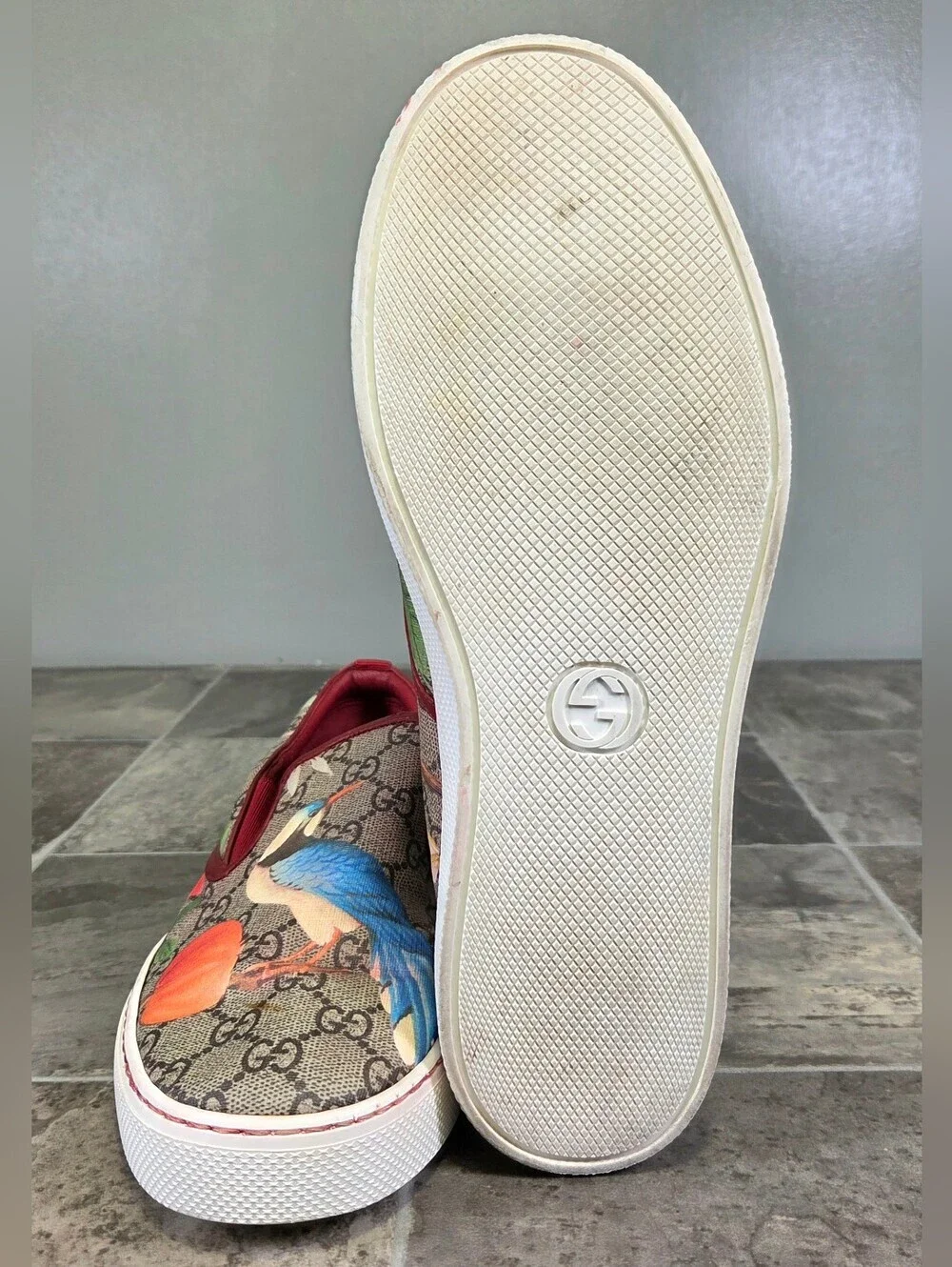 GUCCI GG SUPREME TIAN BIRD PRINT SLIP ON SNEAKERS.